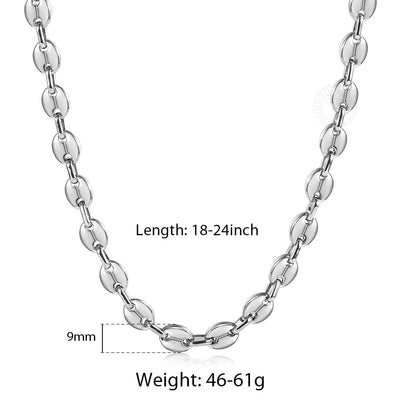 Coffee Beans Link Chain 7/9/11MM Necklace Gold Color Silver Color Stainless Steel Men Women Geometric Rope  Jewelry Wholesale