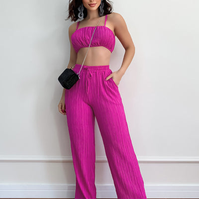 Summer Suit Solid Color Sleeveless Suspender Pleated Fabric Trousers Two-piece Set