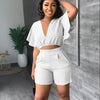 Fashion Two Piece Set Women Sexy V Neck Ruffles Sleeve Crop Top &amp; Pockets Shorts Suit 2023 Summer Street Solid Tracksuit Outfits