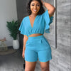 Fashion Two Piece Set Women Sexy V Neck Ruffles Sleeve Crop Top &amp; Pockets Shorts Suit 2023 Summer Street Solid Tracksuit Outfits