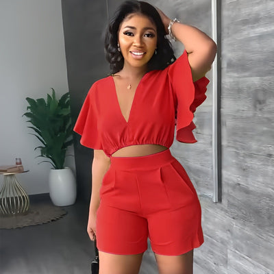 Fashion Two Piece Set Women Sexy V Neck Ruffles Sleeve Crop Top &amp; Pockets Shorts Suit 2023 Summer Street Solid Tracksuit Outfits