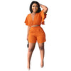 Fashion Two Piece Set Women Sexy V Neck Ruffles Sleeve Crop Top &amp; Pockets Shorts Suit 2023 Summer Street Solid Tracksuit Outfits