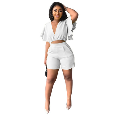 Fashion Two Piece Set Women Sexy V Neck Ruffles Sleeve Crop Top &amp; Pockets Shorts Suit 2023 Summer Street Solid Tracksuit Outfits