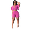 Fashion Two Piece Set Women Sexy V Neck Ruffles Sleeve Crop Top &amp; Pockets Shorts Suit 2023 Summer Street Solid Tracksuit Outfits