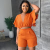 Fashion Two Piece Set Women Sexy V Neck Ruffles Sleeve Crop Top &amp; Pockets Shorts Suit 2023 Summer Street Solid Tracksuit Outfits