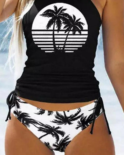 Women&#39;s Swimsuit Summer Fashion Tree Print Drawstring Ruched Sexy Halter Backless Skinny Beach Vacation Wireless Bra Tankini Set