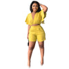 Fashion Two Piece Set Women Sexy V Neck Ruffles Sleeve Crop Top &amp; Pockets Shorts Suit 2023 Summer Street Solid Tracksuit Outfits