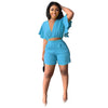 Fashion Two Piece Set Women Sexy V Neck Ruffles Sleeve Crop Top &amp; Pockets Shorts Suit 2023 Summer Street Solid Tracksuit Outfits