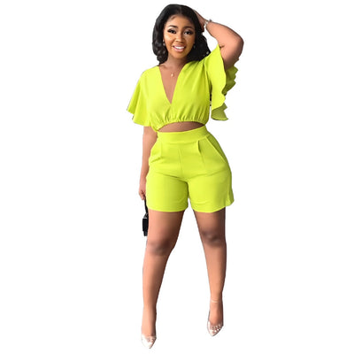 Fashion Two Piece Set Women Sexy V Neck Ruffles Sleeve Crop Top &amp; Pockets Shorts Suit 2023 Summer Street Solid Tracksuit Outfits