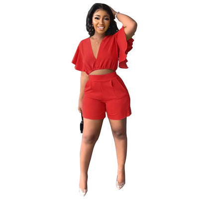 Fashion Two Piece Set Women Sexy V Neck Ruffles Sleeve Crop Top &amp; Pockets Shorts Suit 2023 Summer Street Solid Tracksuit Outfits