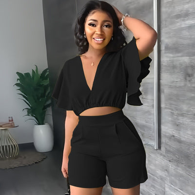 Fashion Two Piece Set Women Sexy V Neck Ruffles Sleeve Crop Top &amp; Pockets Shorts Suit 2023 Summer Street Solid Tracksuit Outfits