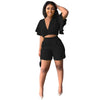 Fashion Two Piece Set Women Sexy V Neck Ruffles Sleeve Crop Top &amp; Pockets Shorts Suit 2023 Summer Street Solid Tracksuit Outfits