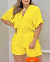 Jumpsuit Women 2023 Summer Fashion Batwing Sleeve Shirred Waist Casual Plain V-Neck Short Sleeve Above Knee Romper Streetwear