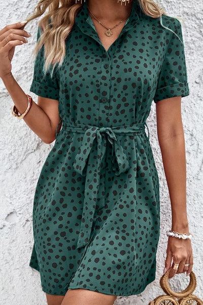 Dotted Short Sleeve Tie Belt Dress - nolimit