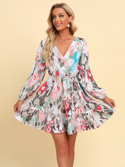 Full Size Printed Tie-Waist Puff Sleeve Surplice Dress - nolimit