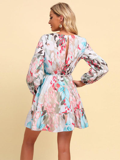 Full Size Printed Tie-Waist Puff Sleeve Surplice Dress - nolimit