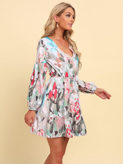 Full Size Printed Tie-Waist Puff Sleeve Surplice Dress - nolimit