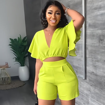 Fashion Two Piece Set Women Sexy V Neck Ruffles Sleeve Crop Top &amp; Pockets Shorts Suit 2023 Summer Street Solid Tracksuit Outfits