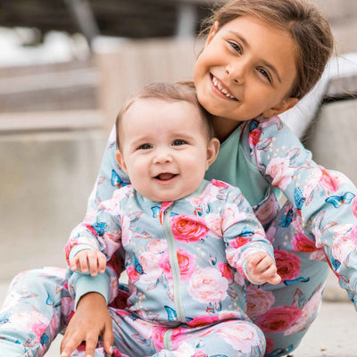 Organic Cotton One Piece Printed Pajama Blue Roses & Butterflies - Image #3